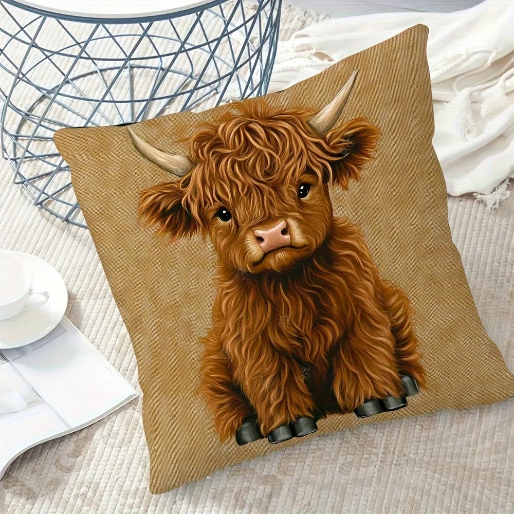 1Pc Baby Highland Cow Themed Printed Throw Pillow Cover, Suitable For Sofa, Bedroom, Living Room, A Fun Gift For Animal Lovers.