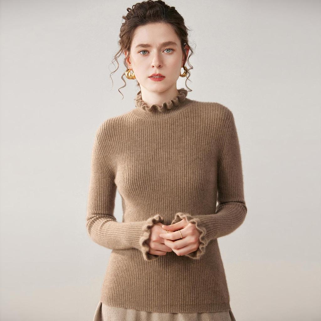 Autumn Women's Cashmere Sweater with Ruffle Collar and Lace Trim