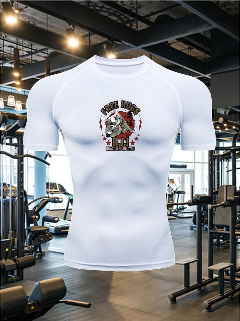 Men's White Brazilian Jiu-Jitsu Compression T-Shirt "BJJ" Bulldog Print Quick Dry Gym Workout Top