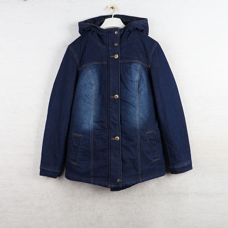 Home Autumn and Winter Foreign Trade European and American Plus Size Plus Size Women Clothes Hooded Fleece-lined Thickened Denim Coat Mid-Length