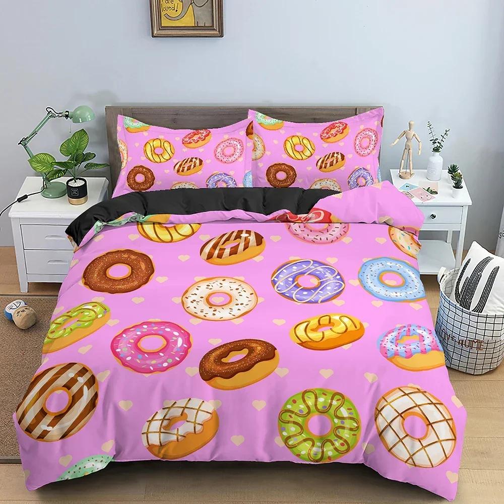 Donut Print Comfortable Duvet Quilt Cover Pillowcase Bedding Set Children Bedroom Decoration Home Textile