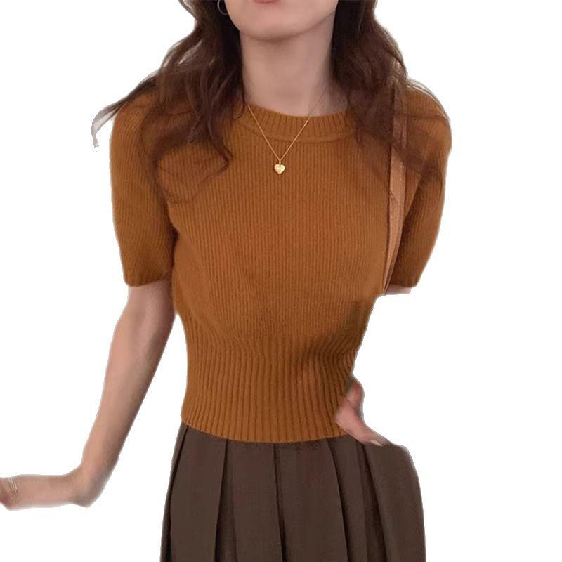 Women's High-End Soft Gray Knitwear: Bubble Sleeve Fitted Round Neck Short Sleeve Sweater for Autumn/Spring