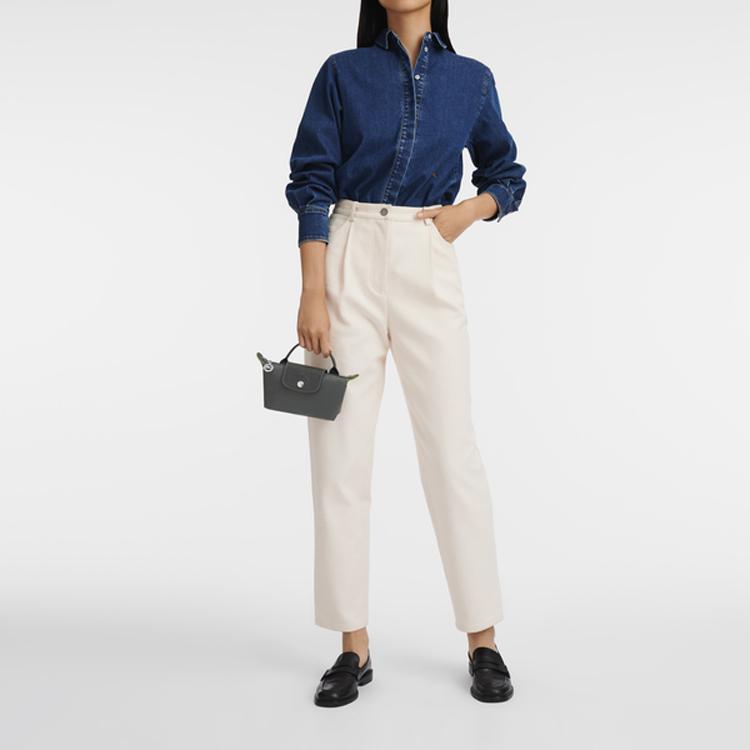 Longchamp Le Pliage Green 17 Solid Color Short Handle Zipper Snap Leather Trim Makeup Bag Tote Women bags Graphite-Gray 34175919P66