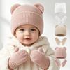 Baby Winter Knit Beanie Hat Mittens Set Cute Bear Ear Warm Earflap Cap Gloves for Infants