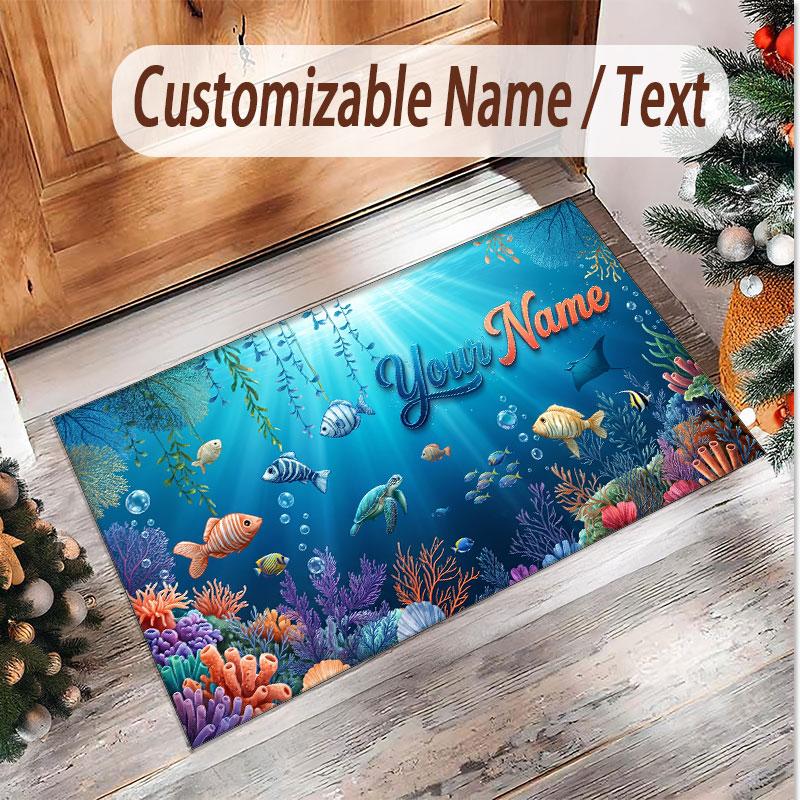 Fish Ocean Theme Soft Crystal Velvet Rug Custom Name & Text Print Non Slip Floor Rug for Bedroom Living Room