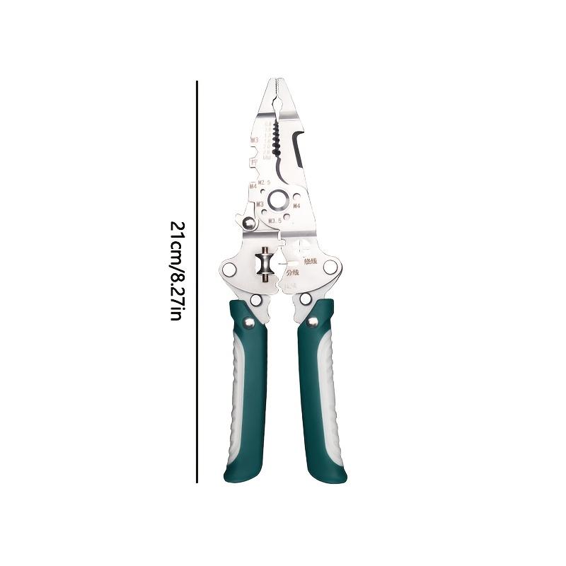 Heavy-duty multi-functional wire stripper, one-piece foldable crimping pliers with non-slip handle, made of metal.