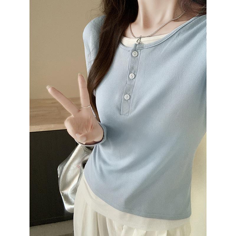 Fake Two-piece Contrasting Color Long-sleeved Women's T-shirt for Autumn, Slim Fit Waist, Slimming, Exquisite and Beautiful Bottoming Shirt Top