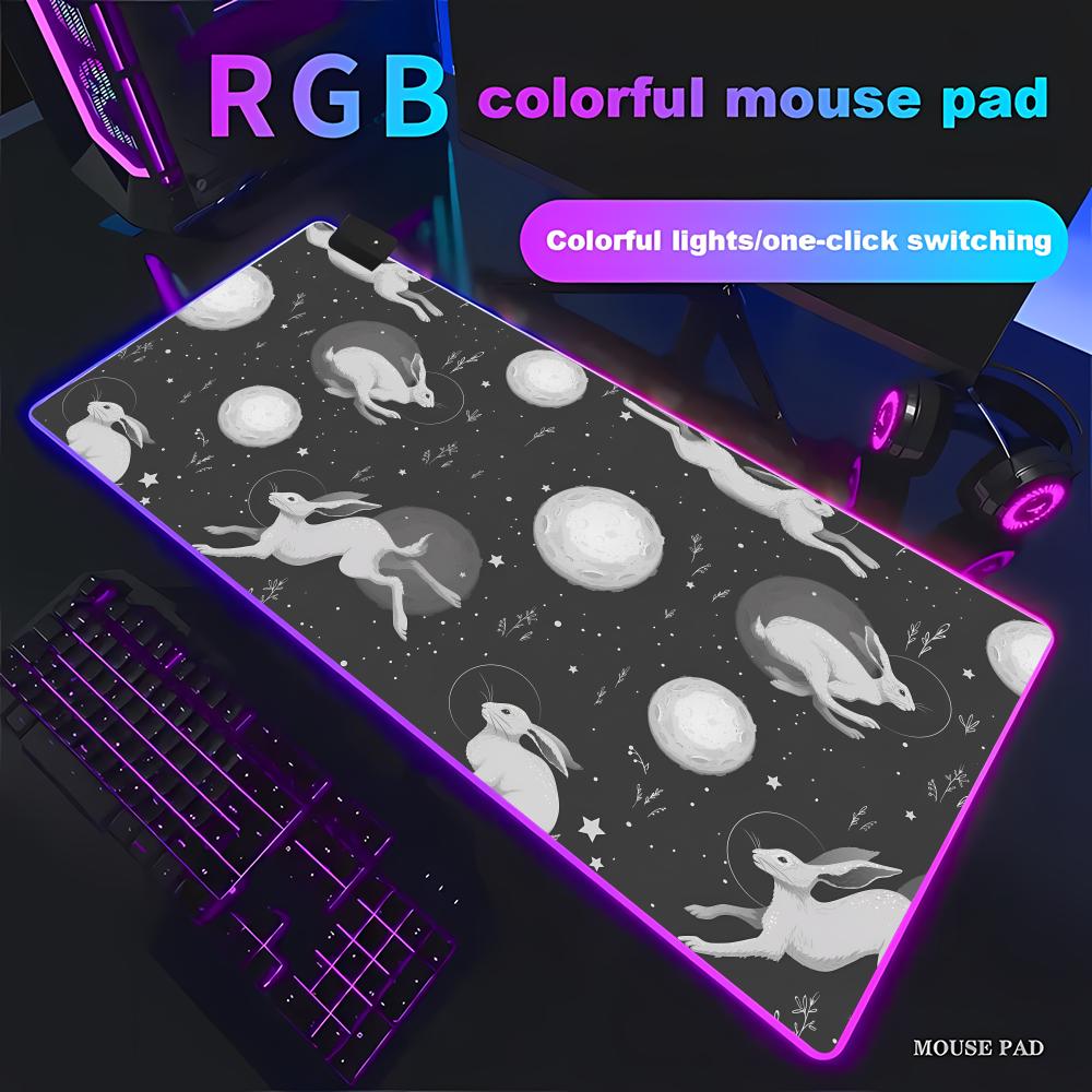 

Белый кролик, бегущий по луне Коврик для мыши RGB Игровой коврик для мыши HD Геймерский Большой светодиодная подсветка XXL Коврик для ПК Компьютера Нескользящий RGB600x300x3mm