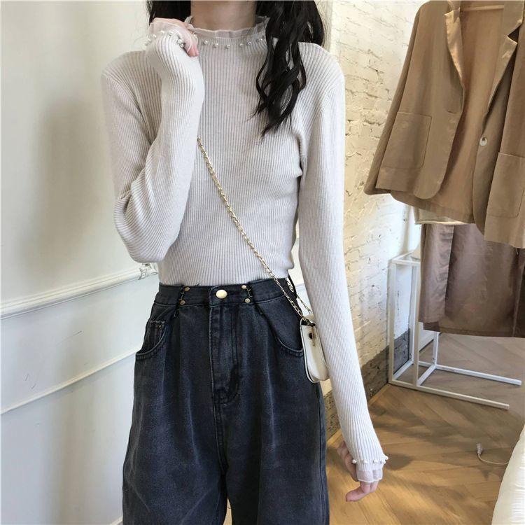 

Черная водолазка, вязаный базовый слой, женская, осенне-зимняя, уникальная, с бисером, нижнее белье, с длинным рукавом, облегающий топ, мода L