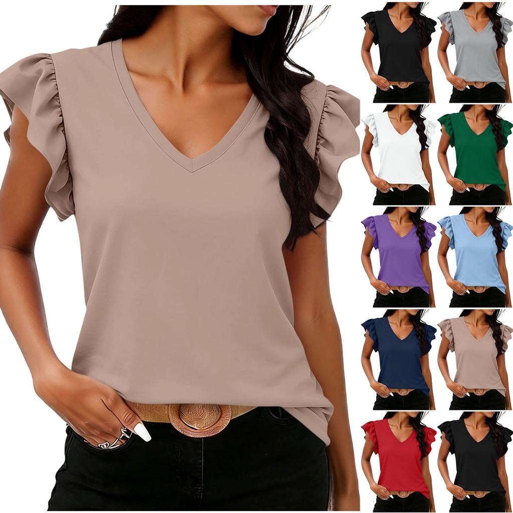 Women Fashion Casual Solid Color Ruffle Sleeve V Neck Short Sleeve Top Lightweight Comfortable Summer Shirt for Daily Wear