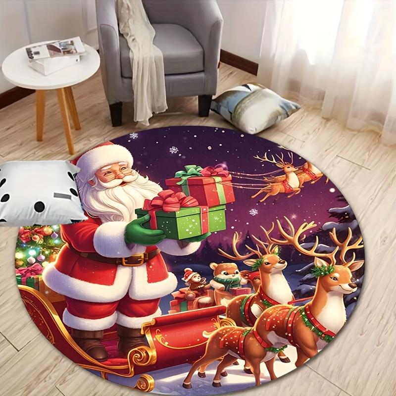 Christmas Round Rug - Santa & Reindeer Design, Non-Slip Polyester Holiday Mat for Living Room & Bedroom Decor