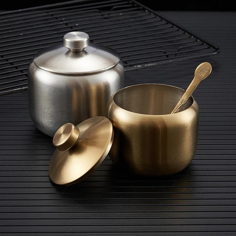 Stainless Steel Seasoning Jar Gold Silver Sugar Bowl With Lid Chili Oil Salt Pepper Jar Seasoning Bottle Box Kitchen Tool
