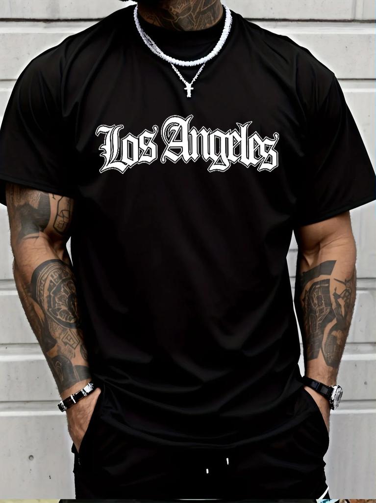 Unisex Los Angeles Gothic Letter Print T Shirt Vintage Crew Neck Short Sleeve Casual Tees Hip Hop Streetwear Tops