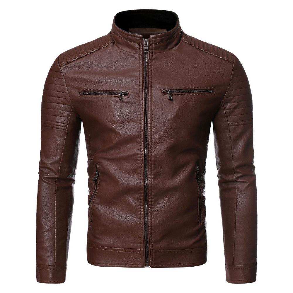 Veste en cuir pour homme Automne et Hiver Coupe ajustée et simple Veste en cuir PU Lavage décontracté Veste de moto en cuir PU