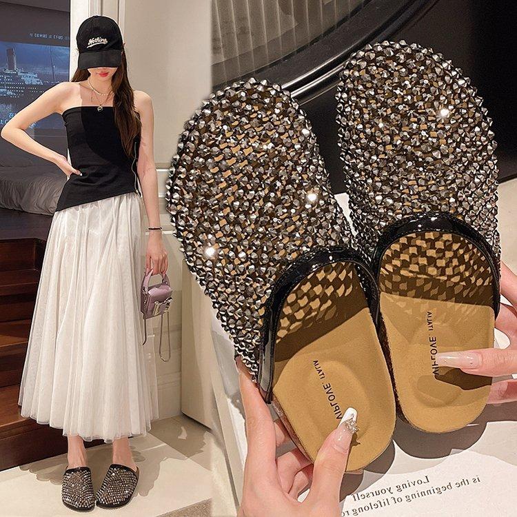 2025 new cool slippers for women, diamond-encrusted one-pedal design in summer, convenient and casual cool half slippers