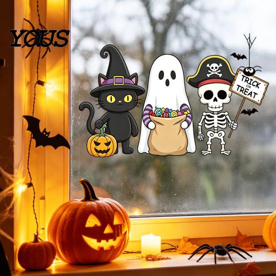 Reusable Holiday Window Sticker Static Glass Sticker, No Residue Clings, Festive Decal with Halloween Dwarf Wizards Black Cats Ghosts Skeletons