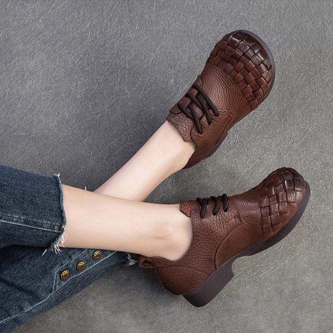 Johnature Genuine Leather Comfortable Pumps Retro Solid Color Commuting Versatile Casual Women's Shoes