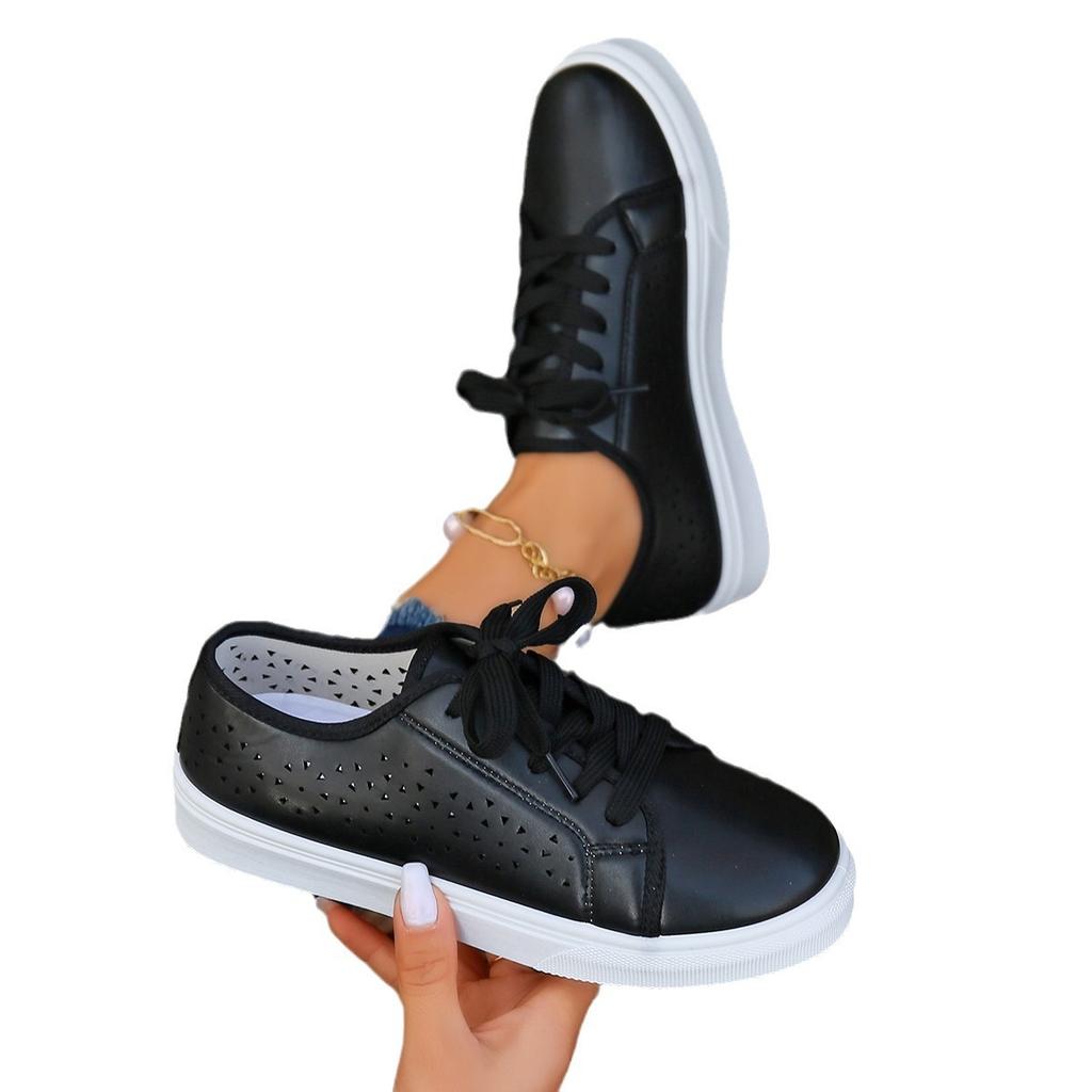 Damenschuhe einzeln hohl runde Spitze dicke Sohle lässig atmungsaktiv Schnürer weiße Schuhe