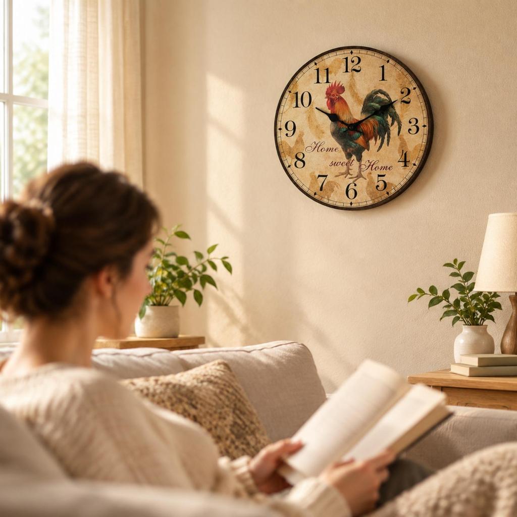 Decorative Wall Clock with Cockerel Illustration Accurate Time for Kitchen