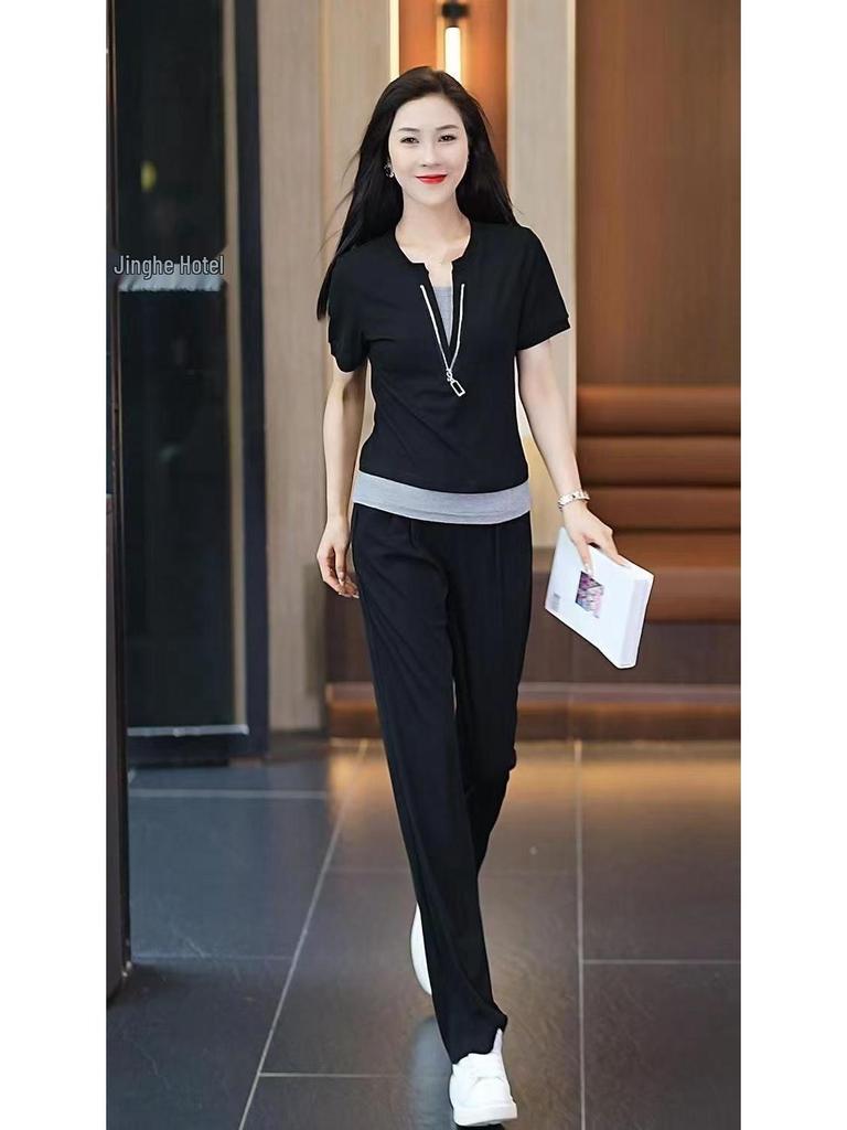Women's Summer 2025 Fashion: Casual Short Sleeve Two-Piece Set with Wide Leg Pants