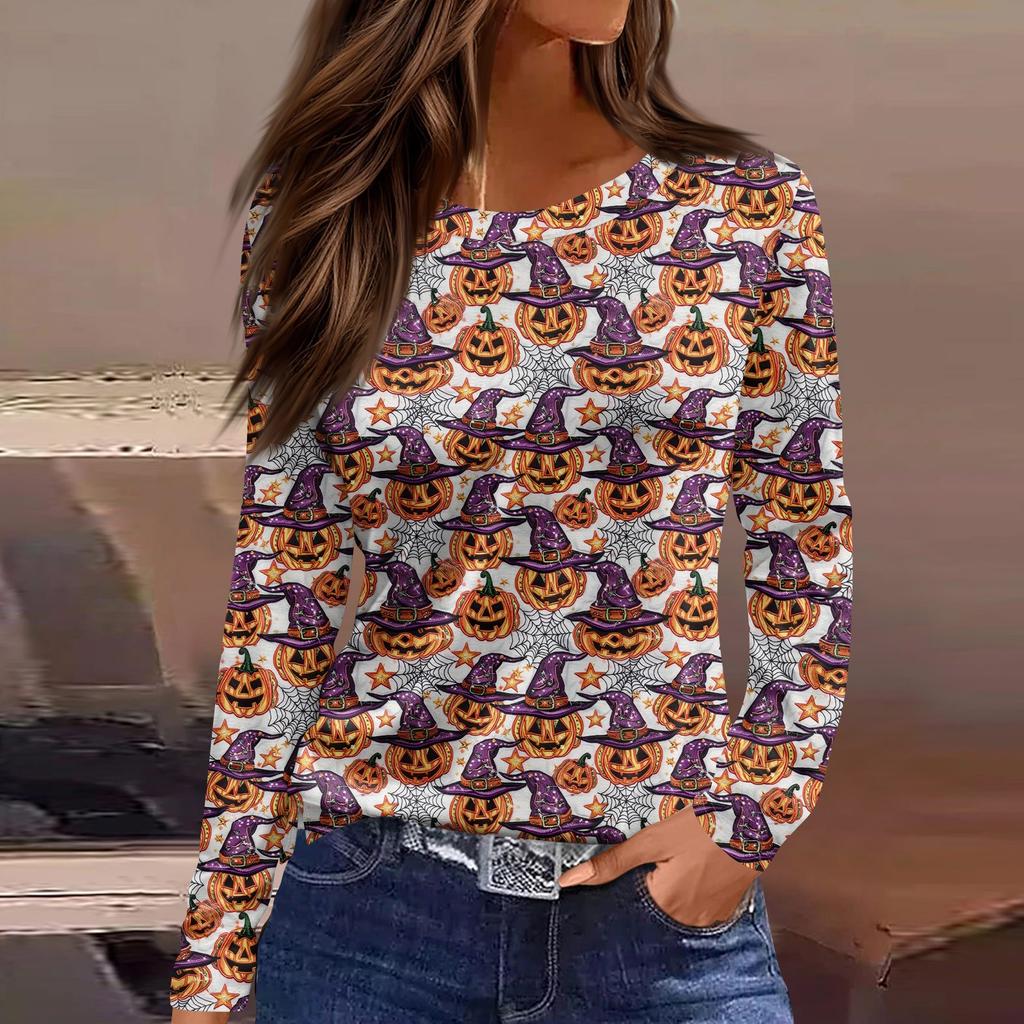 Women's Fashion Hem Slit Casual Halloween Printed Round Neck Long Sleeve Top