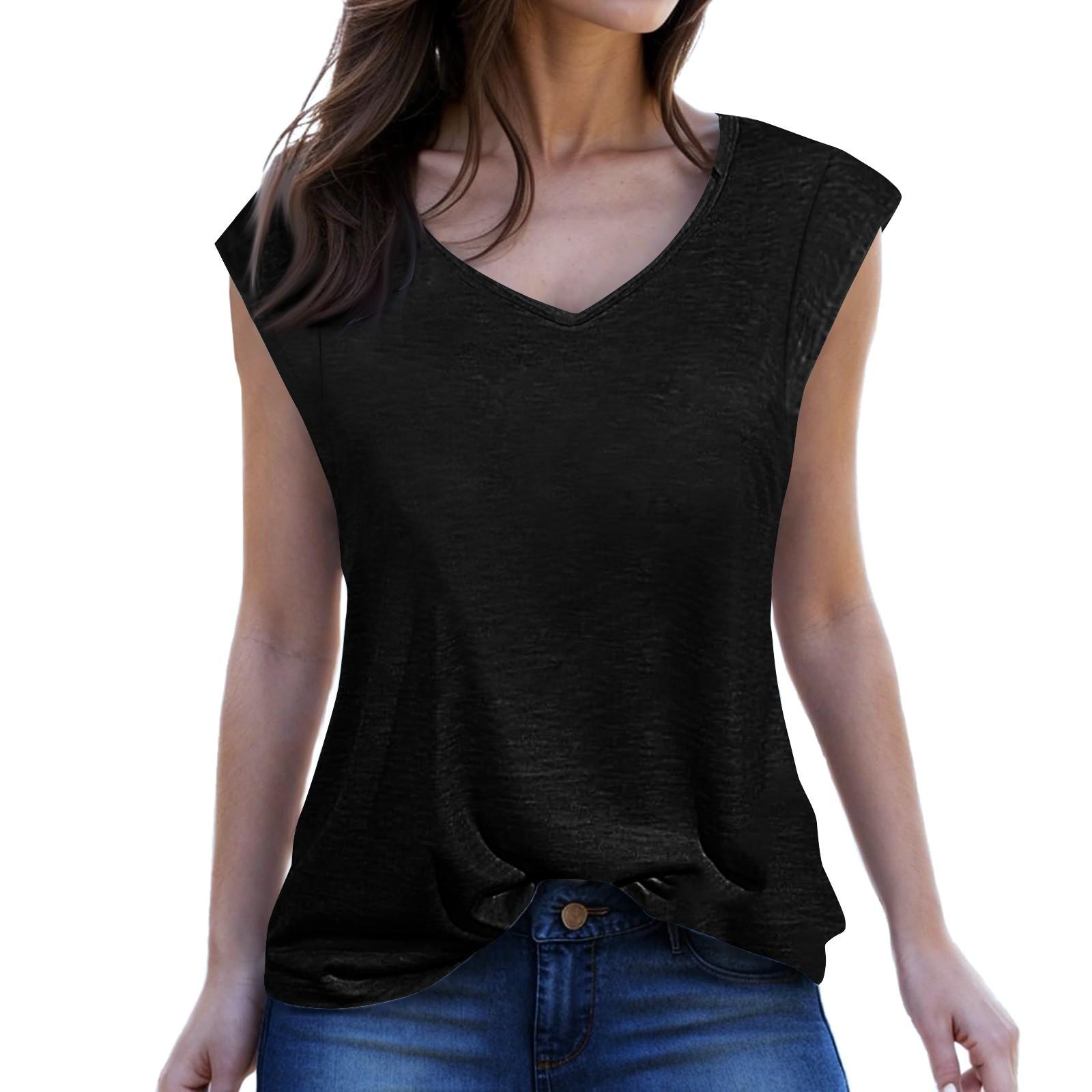 

Женская майка с V-образным вырезом и короткими рукавами, летняя повседневная свободная туника без рукавов с разрезом по бокам L чёрный