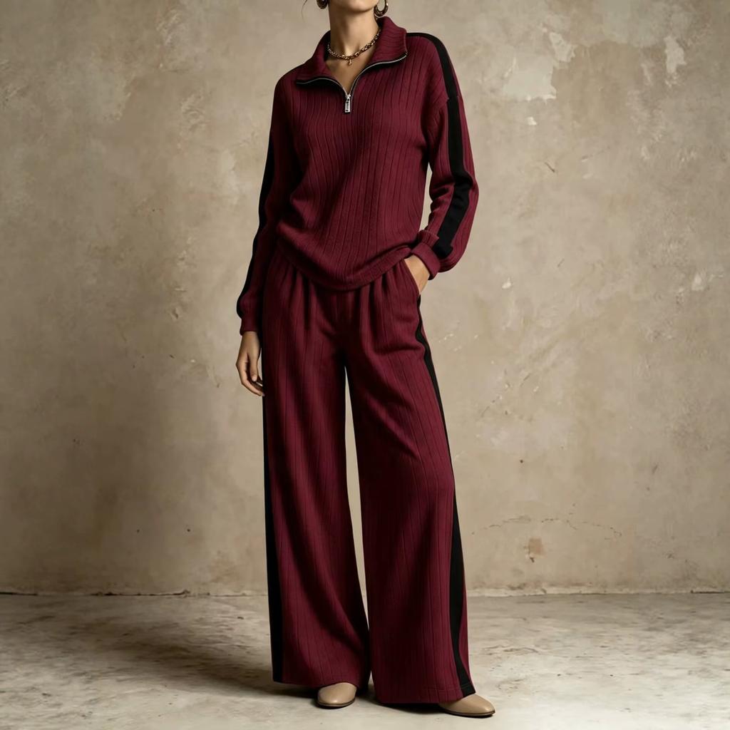 European and American autumn and winter new women's clothing half-zipper lapel contrasting top wide-leg pants casual sports suit