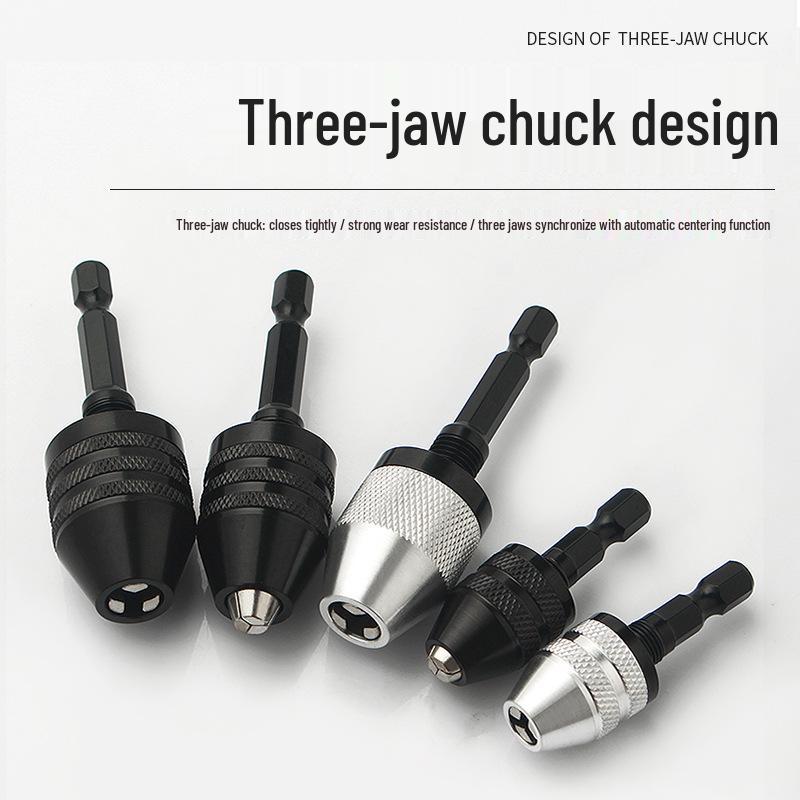 Quick-Change Mini Electric Drill with Three-Jaw Chuck, Hex Extension Rod, and Twist Drill Bit Adapter.