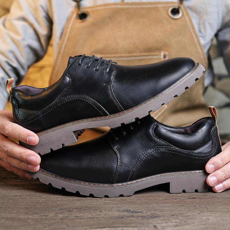 Fashion Mens Round Toe Derby Shoes Low-Cut British Style Vintage PU Leather Boots Lace-Up Business Casual Comfortable Versatile Footwear