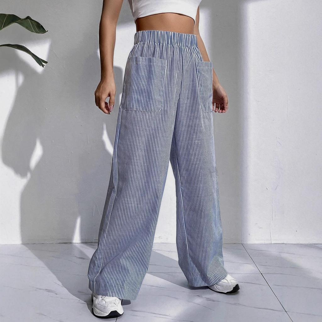 Women's Blue and White Striped Wide Leg Pants with Pockets, High Waist Comfortable Casual Trousers