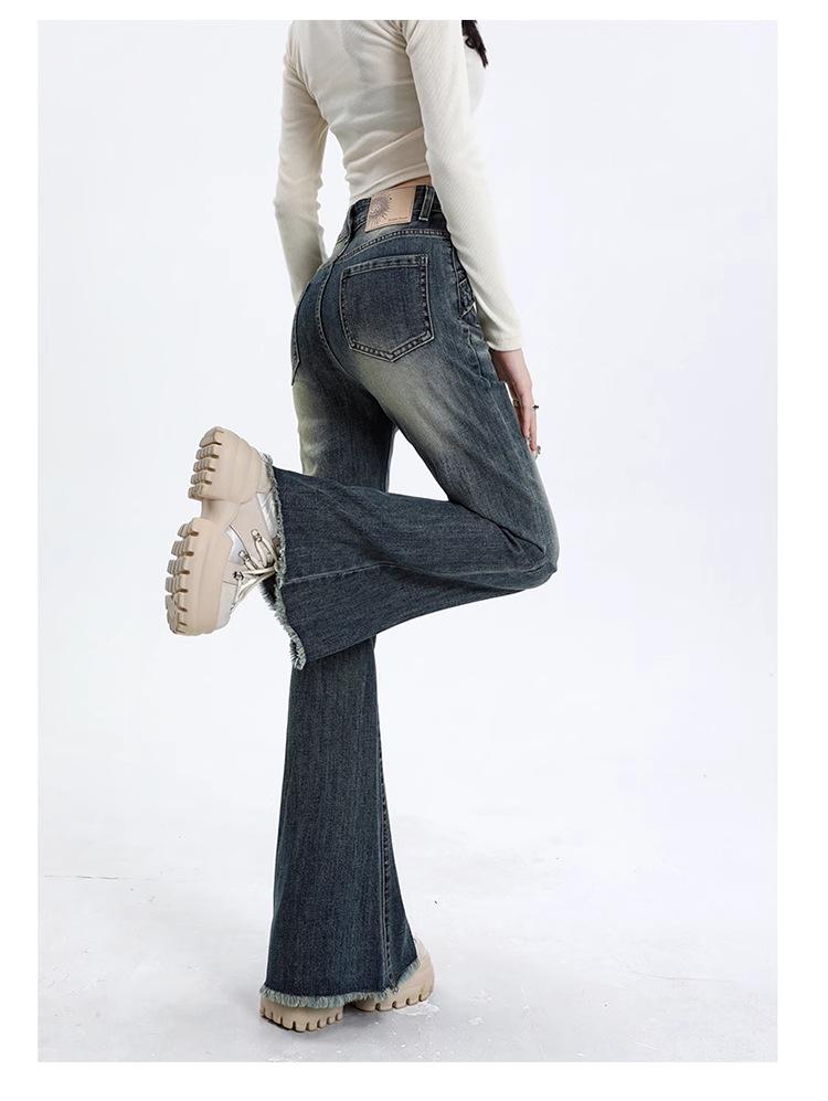 Women's High-Waisted Black Flared Jeans - 2024 Fall/Winter Collection, Slimming, Raw Hem, Floor-Length, Versatile Style