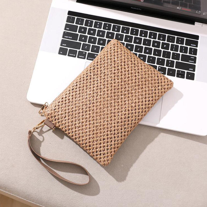 Fashion Straw Woven Bag For Women Hollow Out Beach Handbag With Wrist Strap Portable Phone Purse Solid Color Simple Cash Bag Summer Accessory