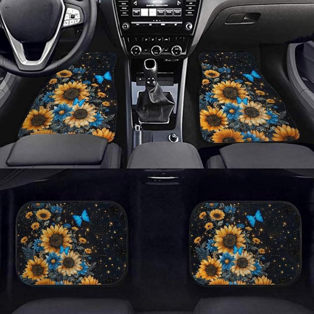 Sunflower with Butterfly Universal Car Floor Mats Set,4 Pack All Weather Car Floor Carpets Protector Rugs for Women Driver Gift