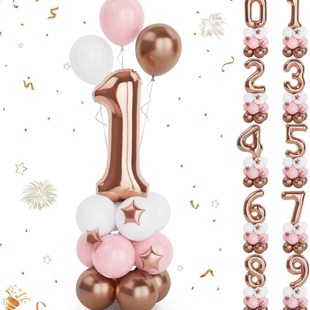 32-Inch Rose Gold Number 0-9 Balloons, Mini Rose Gold Crown, Birthday Party Decoration Supplies For 1st Birthday, Women Birthday