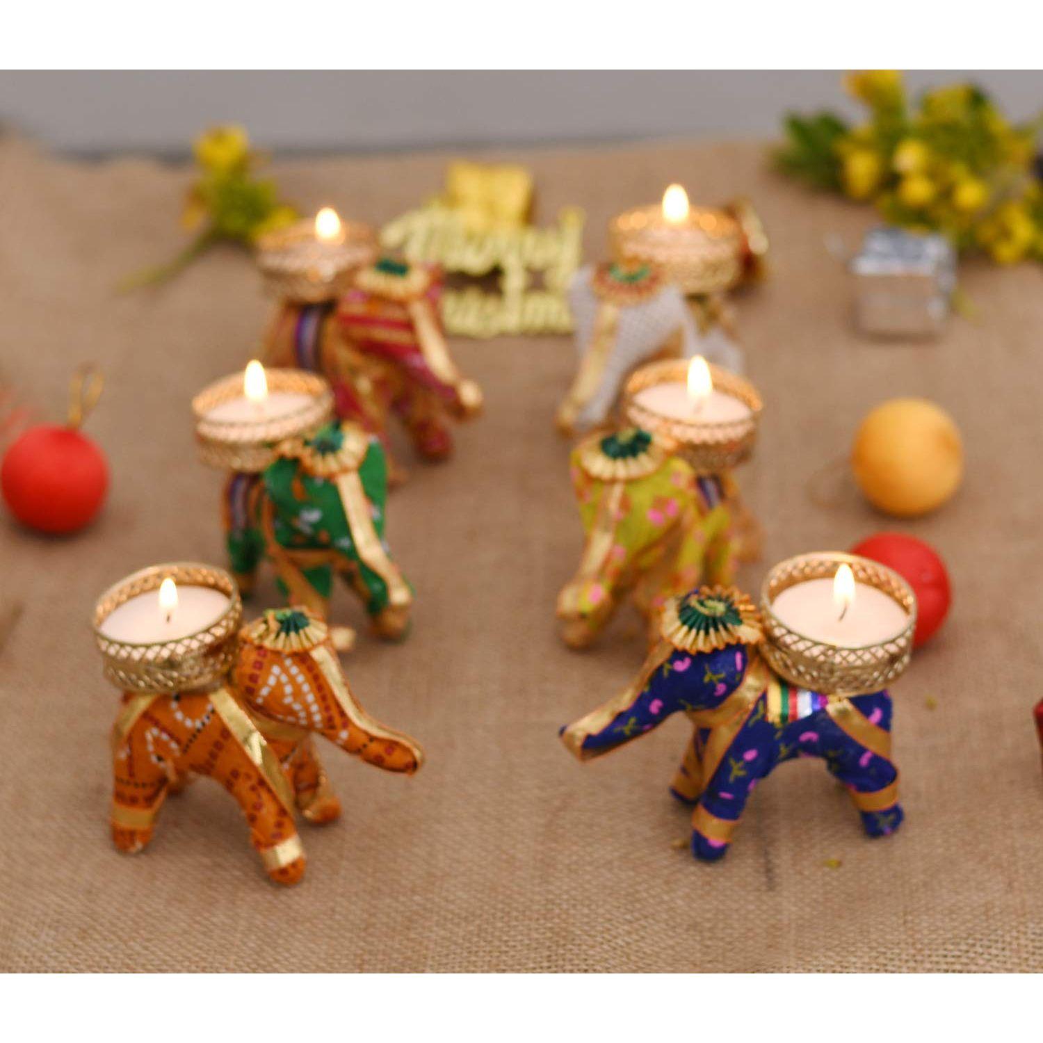 

Tealight Candle Holders Set for Diwali Decoration item for Home Décor Tea light - Handmade Elephant Candle Stand Diwali Decorations - Set of 6
