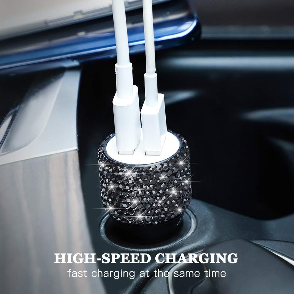 Dual USB Car Charger Bling Bling Handmade Rhinestones Crystal Car Decorations for Fast Charging Car Decors for iPhone/Samsung