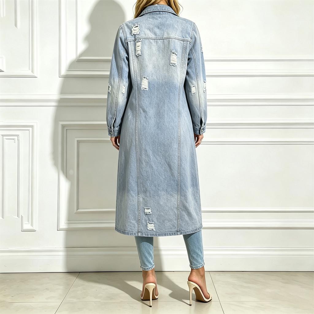 Women's Casual Ripped Denim Long Jacket Coat for Everyday Wear