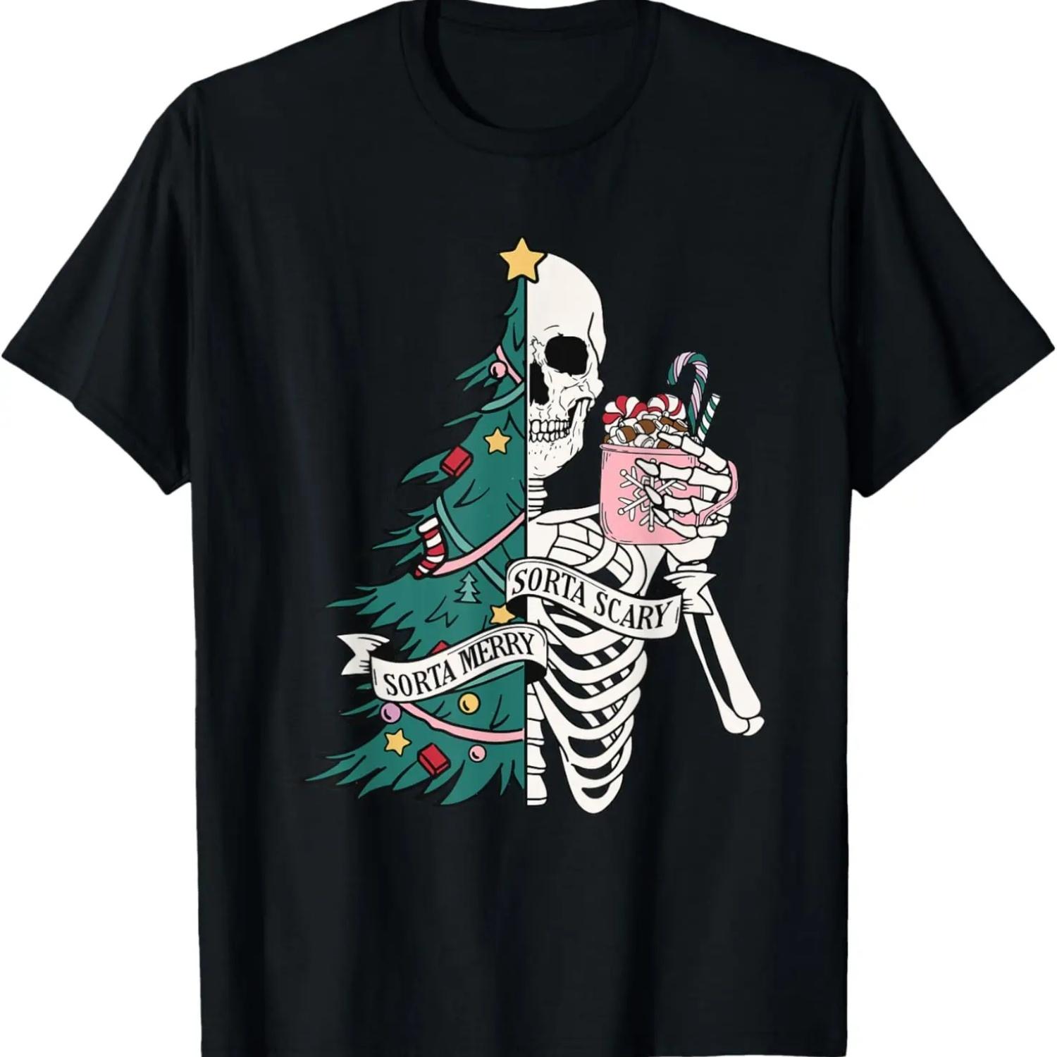 Christmas Sorta Merry SortaScary Skeleton Funny Xmas Tree T-Shirt S