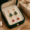 Cute Xmas Theme Earrings 1 Pair Christmas Tree for Women, Colorful Rhinestone Shaped Gold Tone Enamel with Red Bead Charm, Winter Holiday Jewelry