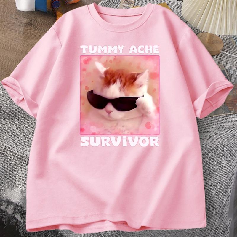 Tummy Ache Survivor Funny Cat Meme Tshirt Unisex Women Silly Stupid Cat Tee Shirt Unisexs Short Sleeve T Shirts Cotton Oversized Top