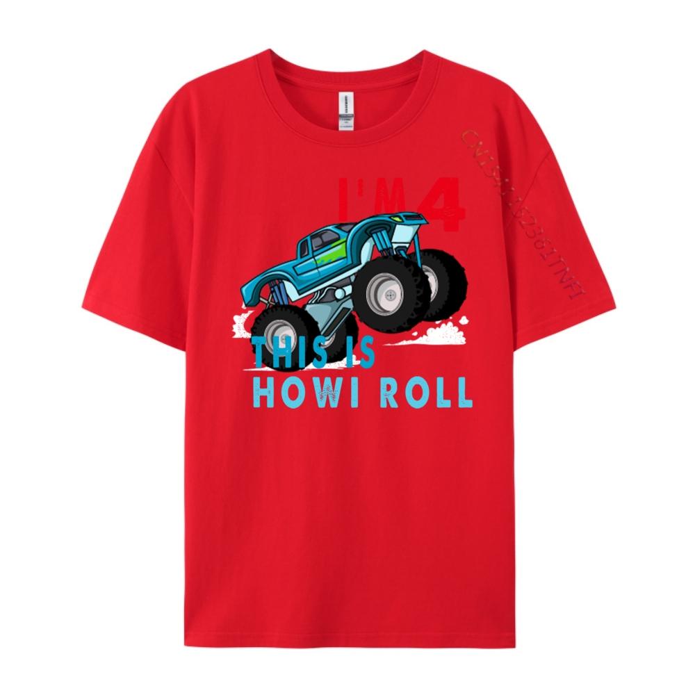

4th Birthday Boy Monster Truck 4 Years Old Pink Graphic Tees Natural Oversized T Shirt Men Loose Tops S