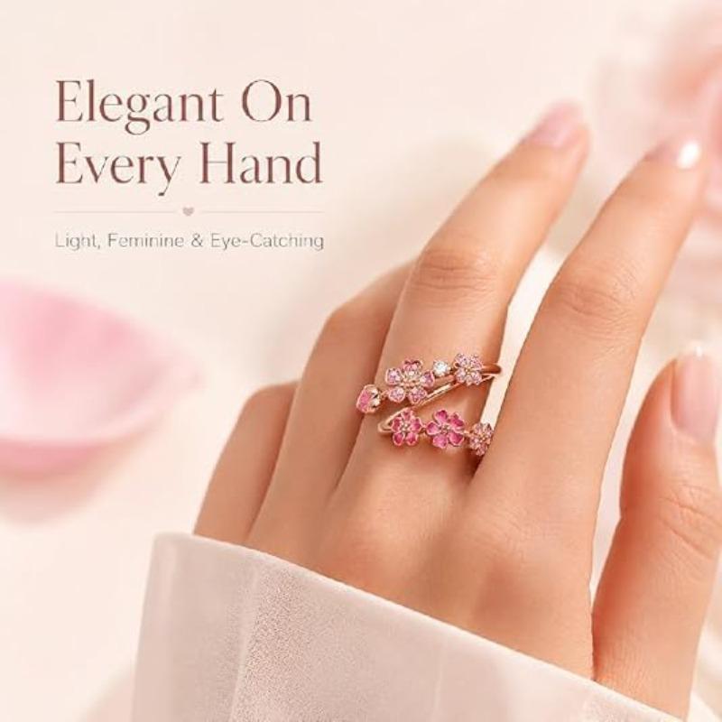 Anello regolabile, floreale rosa, anello aperto, stile femminile, design romantico con fiori di ciliegio, regalo di compleanno o per matrimonio