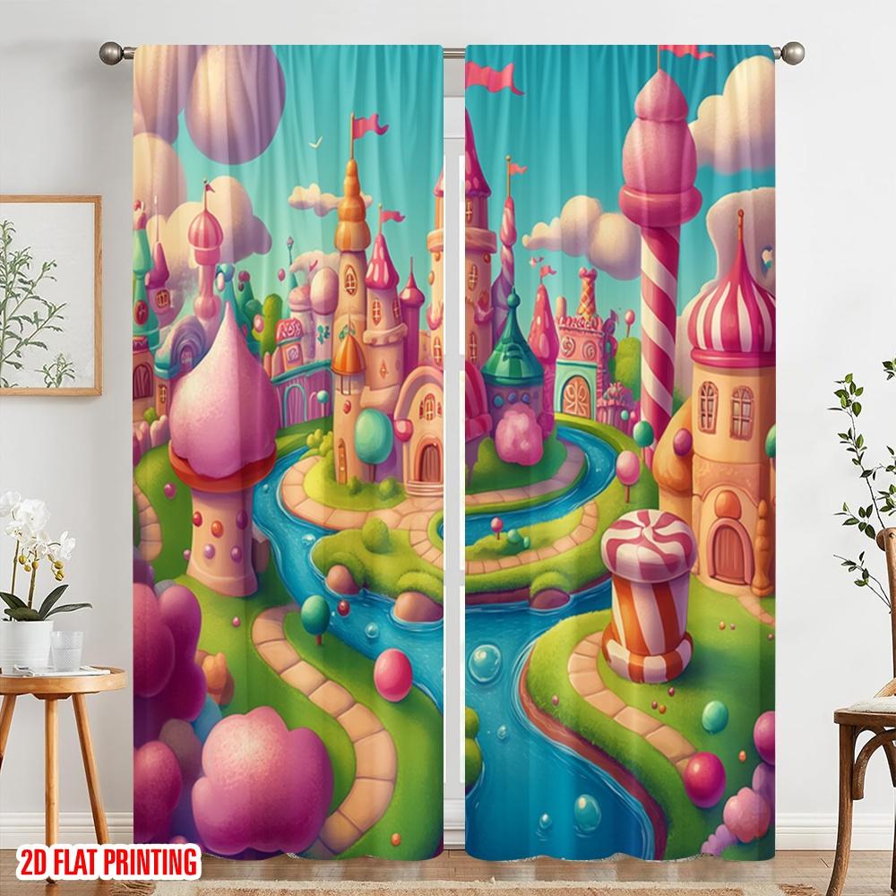 2pcs,2D Plane Printing Popular Curtains Candy Castle Sweet Dreamscape (2) Durable 100% Polyester Fabric (without Rod) Versatile