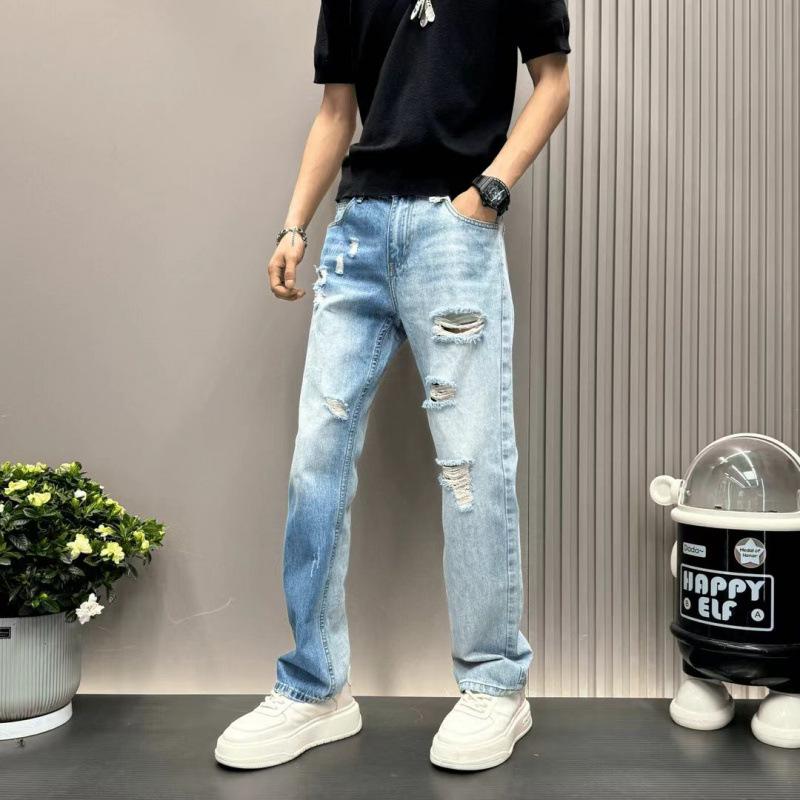 Summer thin American high street ripped beggar jeans men loose straight casual ruffian handsome retro long pants men