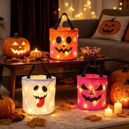 Colorful Halloween Event Supplies LED Light Up Bucket, Glow in The Dark Trick or Treat Candy Reusable Holiday Storage Buckets Bag with Handle, Lighted