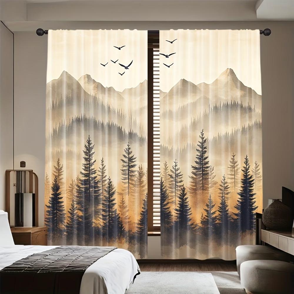 2PCS Digital Printed Curtains, Mountain Forest Flying Birds Nature Scene, Window Drapes for Living Room Bedroom Home Decoration