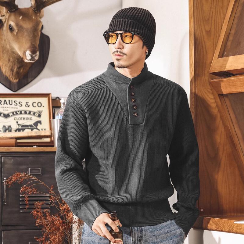 JIERUINO Men's American Retro Thickened Henley Knit Sweater