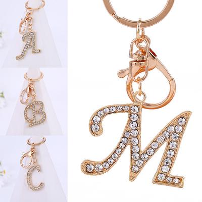 26 Letter Rhinestone Keychain Gold Key Ring Women Bag Ornaments Car Key Holder