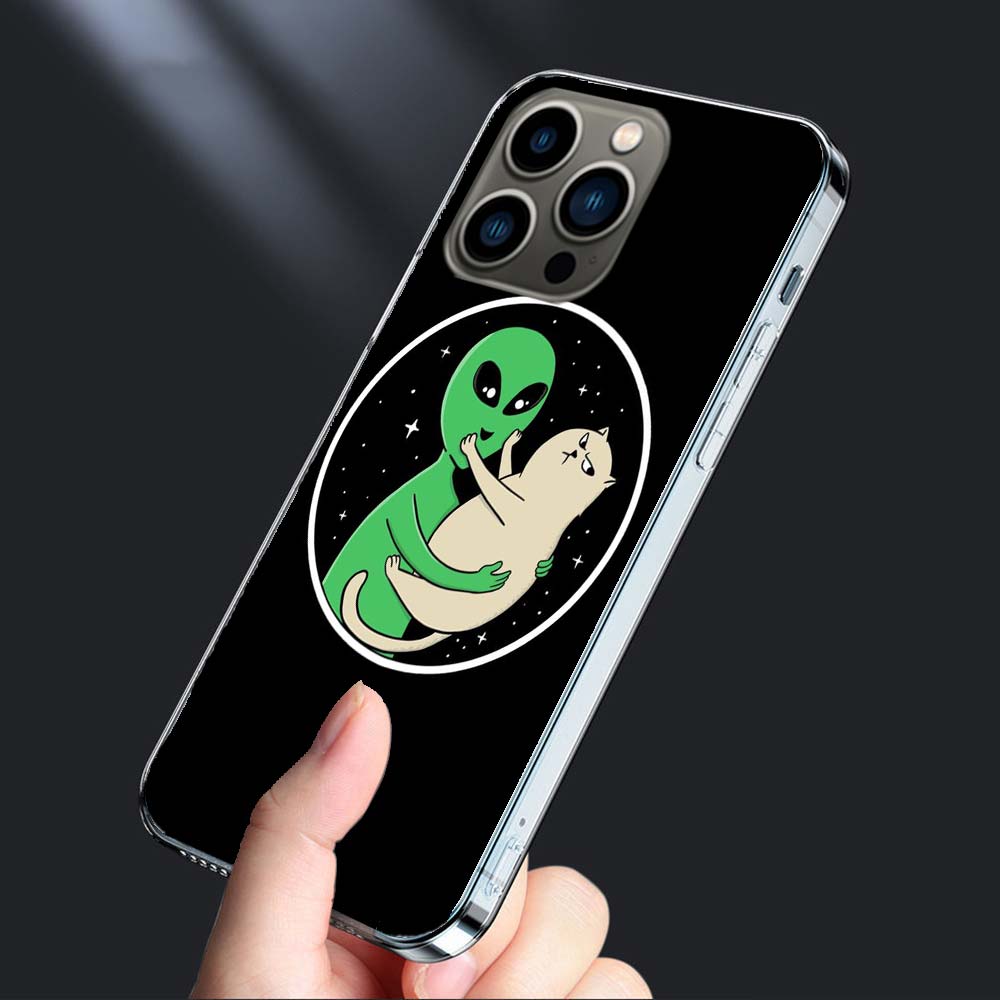 UFO Alien Cat universe Phone Case For Iphone 16 15+ Pro Max 17 Air Capa 14 Plus 16E 13 Pro 12 Mini 11 Cover