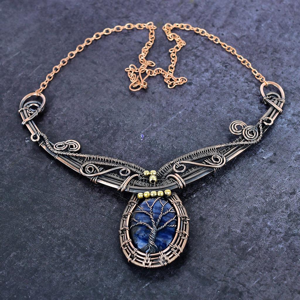 Sodalite Gemstone Handmade Copper Wire Wrap Jewelry Necklace 18" ET-4948
